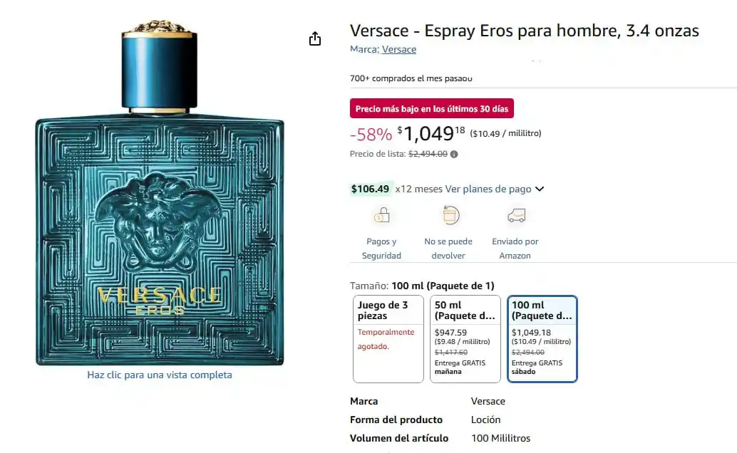 Image from Ofertones México : PRECIO MAS BAJO: VERSACE EROS PARA HOMBRE 💙✨ Amazon: Versace - Espray...