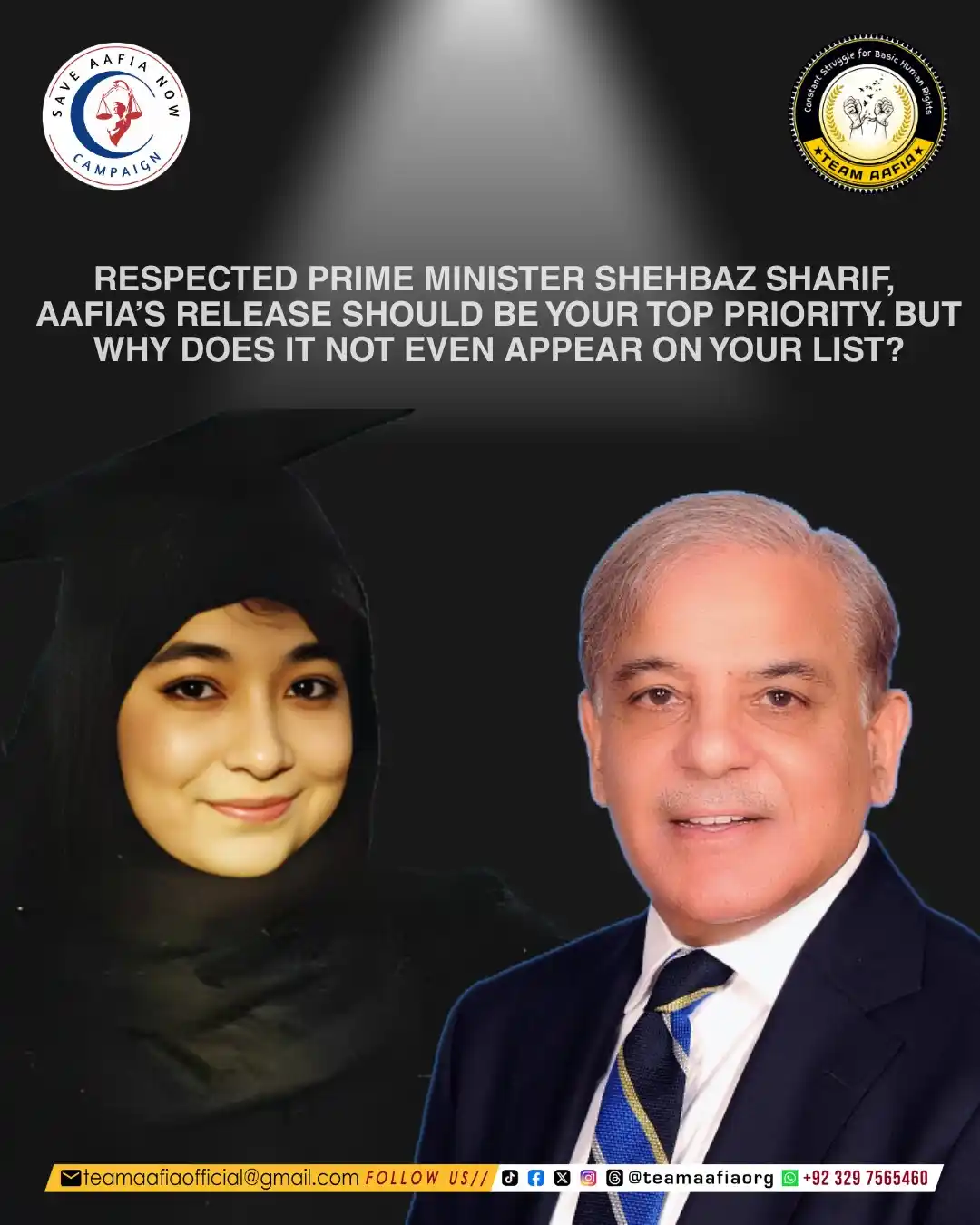 Image from Save Aafia Now Campaign: Respected Prime Minister Shehbaz Sharif, Aafia’s release should be you...