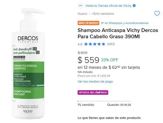 Image from Ofertones México : SHAMPOO DERMATOLOGICO ANTICASPA DE VICHY🔥 Shampoo Anticaspa Vichy Der...