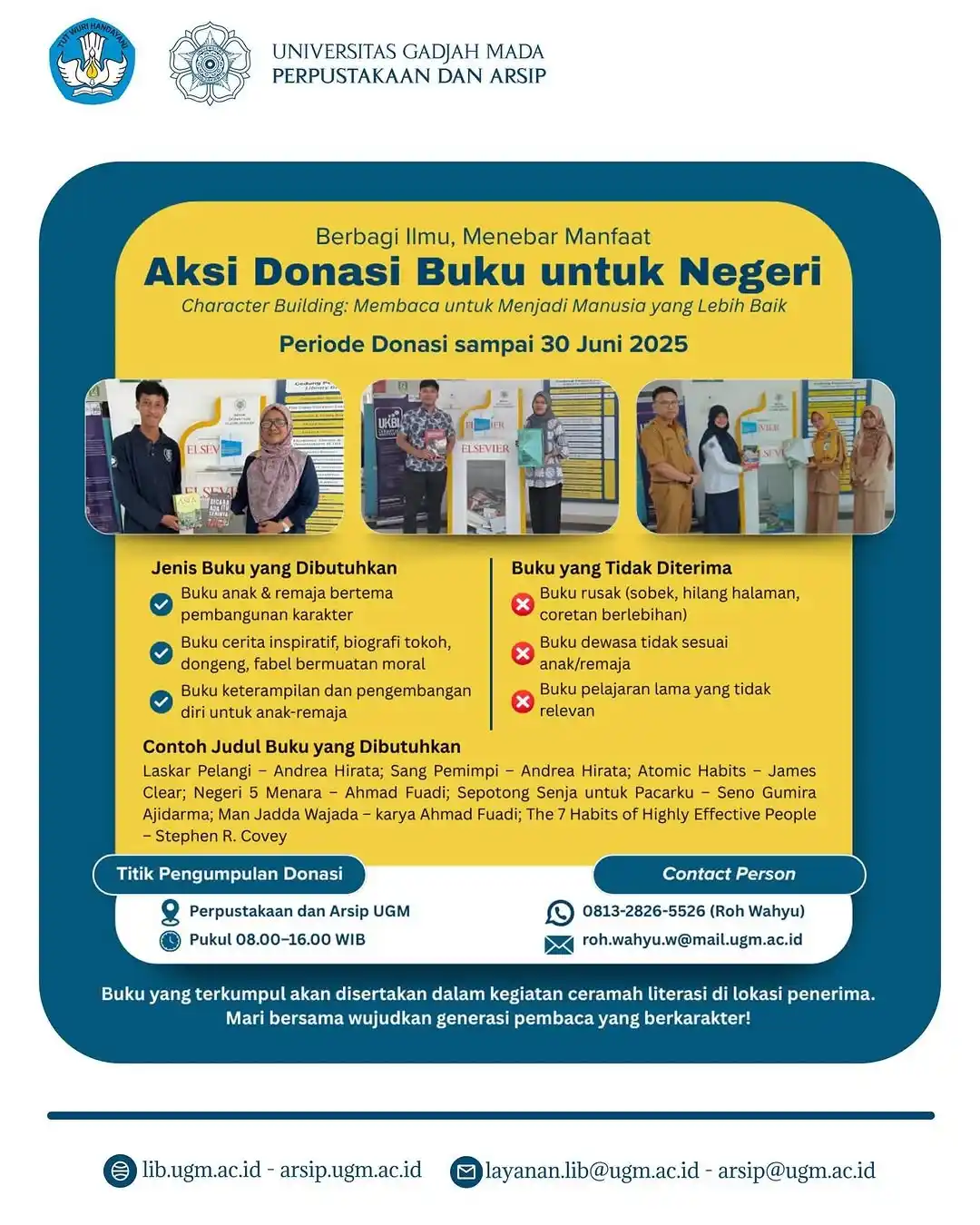 Image from 1001 Kegiatan UGM: *[Yuk, Donasikan Buku untuk Generasi Berkarakter!]*  Satu buku bisa me...