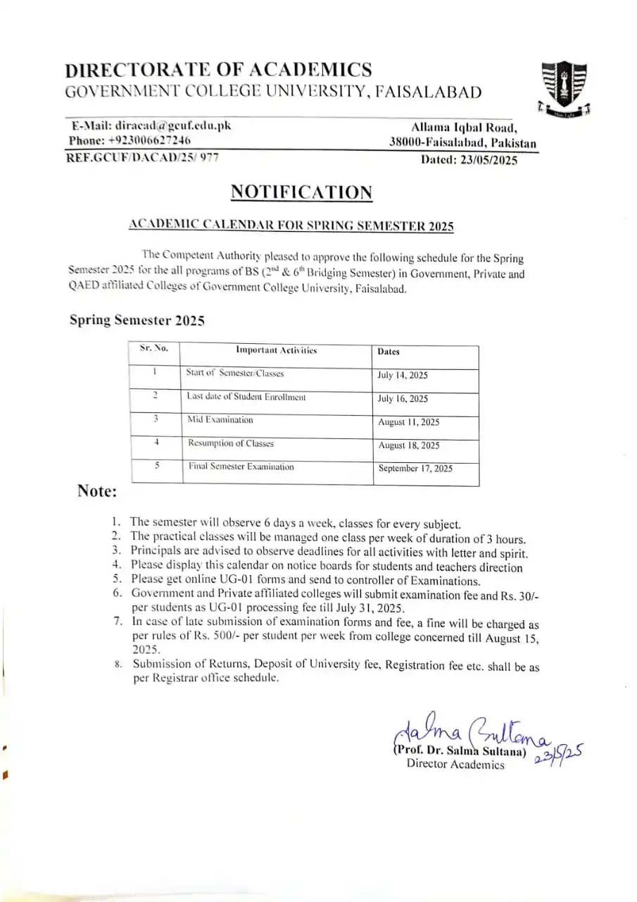 Image from Gcuf Ki Duniya: *📢 Academic Calendar – Spring 2025* *For BS 2nd & 6th (Bridging Sem...