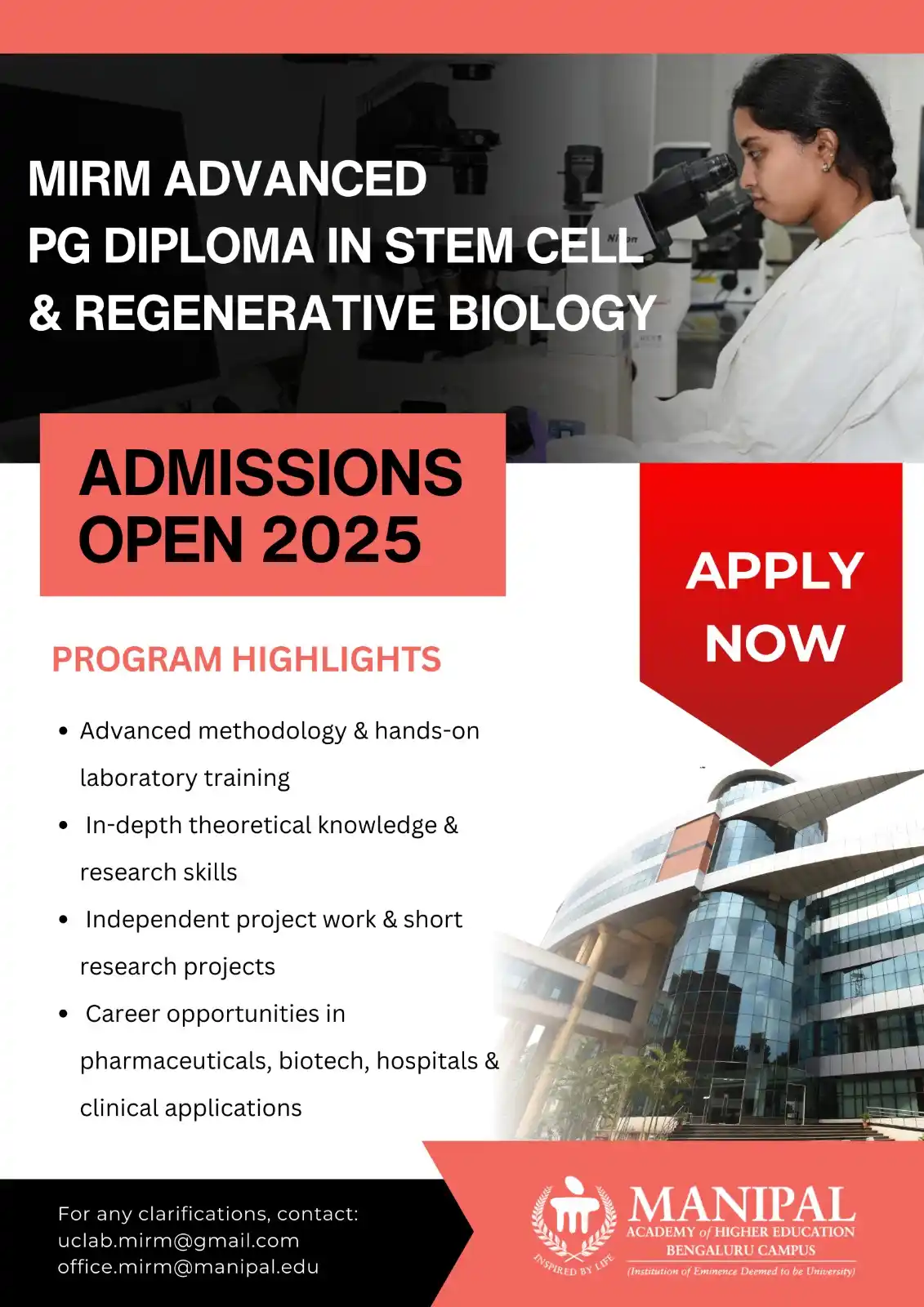 Image from Biotecnika Official ( Biotech, Biology Jobs Exams, Scholarship, Internship): 🚨 Admissions Open for India’s Top Stem Cell Program!  🎓 PG Diploma i...