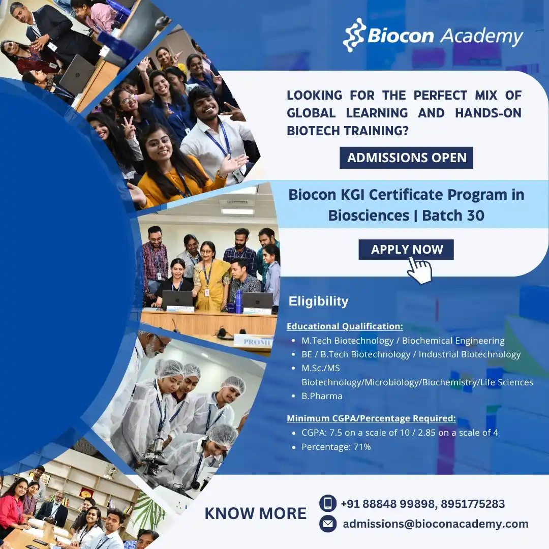 Image from Biotecnika Official ( Biotech, Biology Jobs Exams, Scholarship, Internship): 🎓 Batch 30 Admissions Open – Biocon KGI Certificate in Biosciences! ...