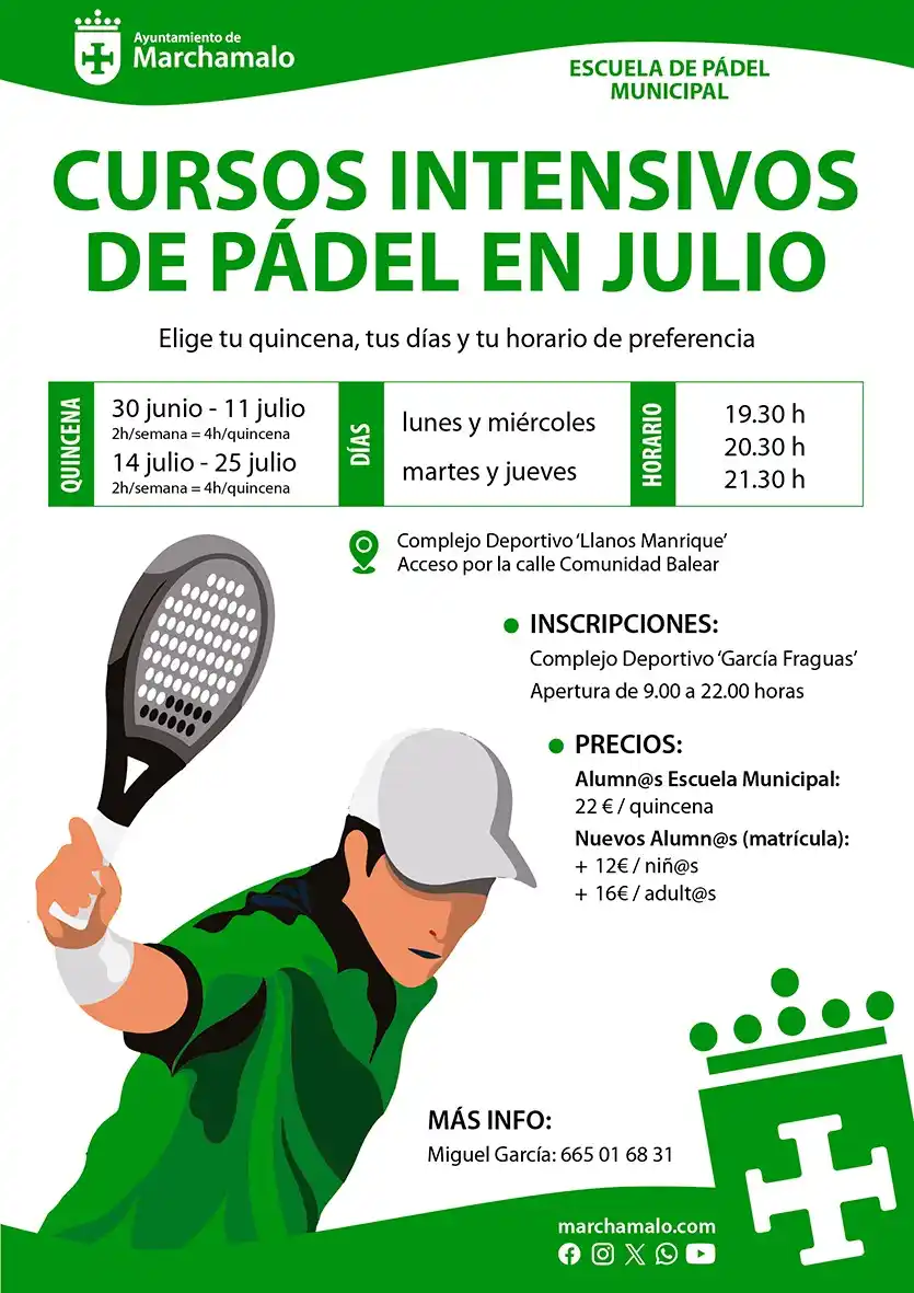 Image from Ayuntamiento de Marchamalo: 🔊 CURSOS INTENSIVOS DE PÁDEL 📅 30 junio al 25 julio ⏰ 19.30, 20.30 y...