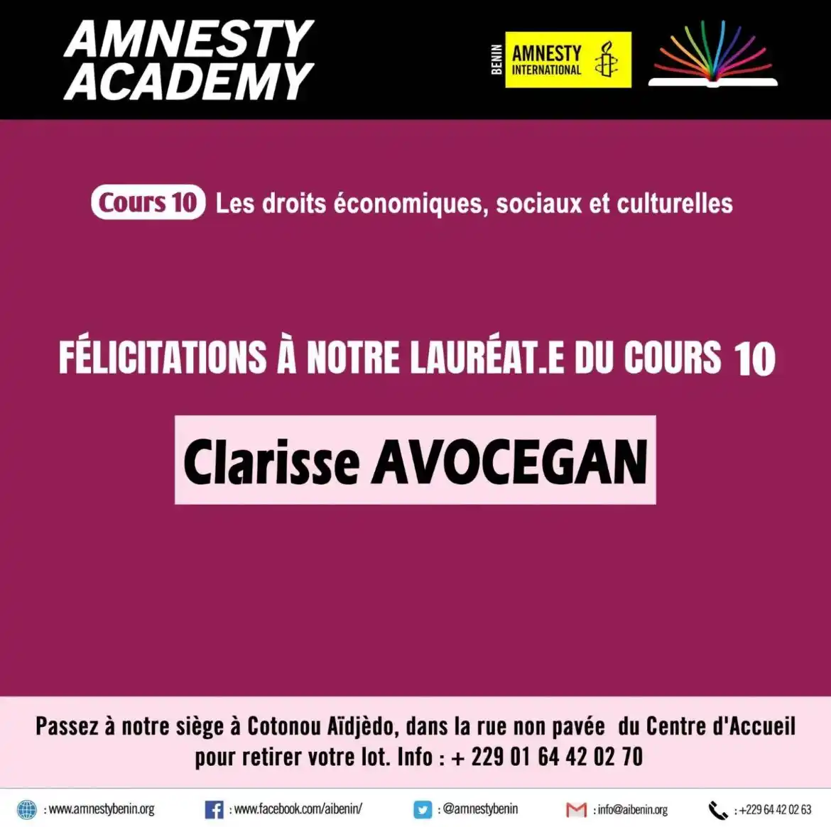 Image from AMNESTY INTERNATIONAL BENIN: Félicitations à notre lauréate du cours 10 sur les Droits Economiques,...