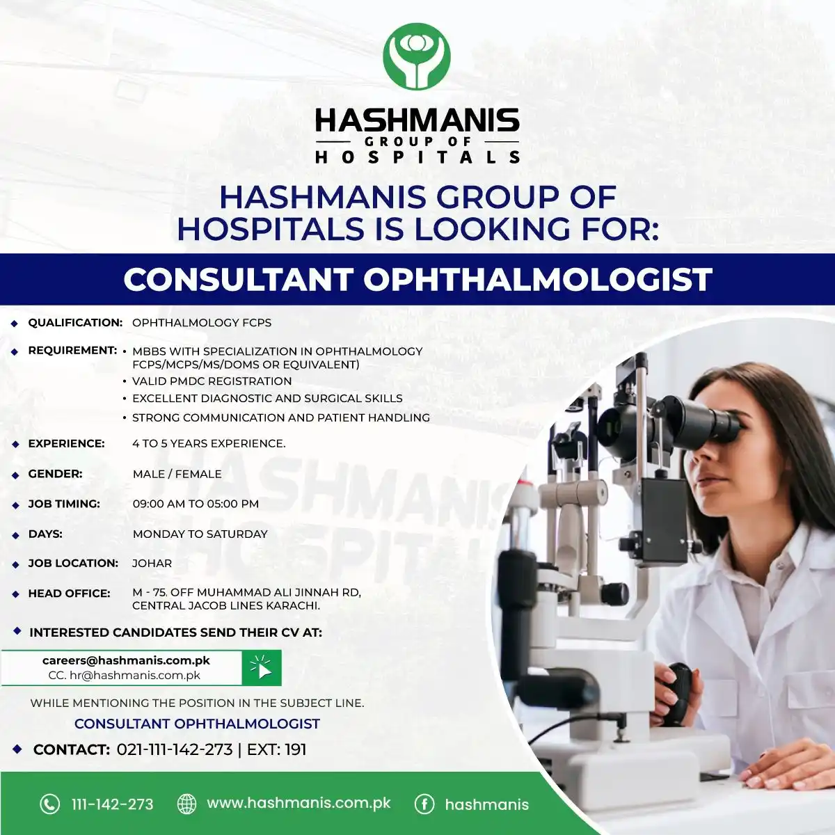 Image from UNITED DOCTORS GROUP 🩺🥼: Hashmanis Hospital is hiring for the position of Consultant Ophthalmo...