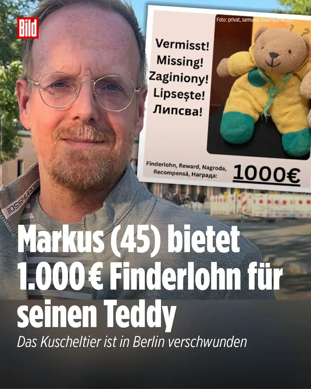 Image from BILD: 🧸💔 Teddy „Mini“ vermisst – 1.000 € Finderlohn! In Berlin läuft eine ...