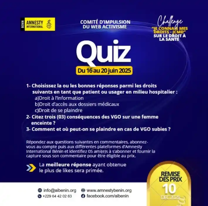 Image from AMNESTY INTERNATIONAL BENIN: Voulez-vous être le 3ème lauréat de notre quizz "Je connais mes droits...