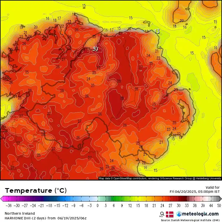 Image from Weather Alerts Ireland: 🔥 30°C forecast tomorrow! 🔥 The high resolution HARMONIE model whic...