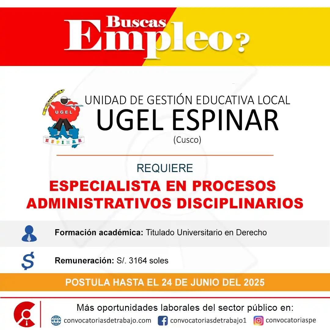 Image from Convocatorias de Trabajo 🇵🇪: 🎯 Convocatoria de Trabajo en: UGEL ESPINAR (Cusco) 📋 Más información...