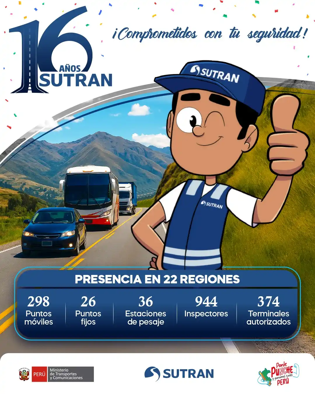 Image from Sutran Perú: ¡Cumplimos 16 años comprometidos con tu seguridad! 🎉🚦 Seguimos traba...