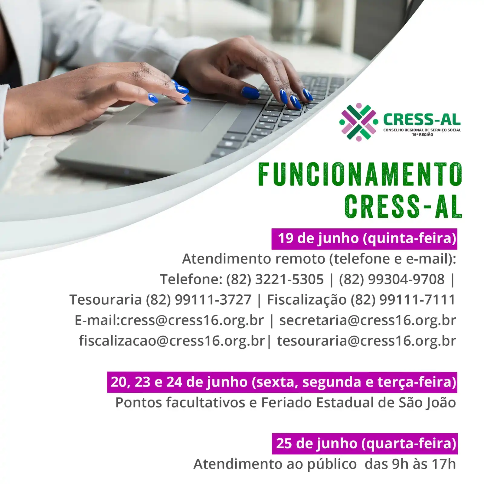 Image from CRESS Alagoas: 📣 *Funcionamento CRESS-AL* 📄Informamos que o CRESS-AL realizará ate...