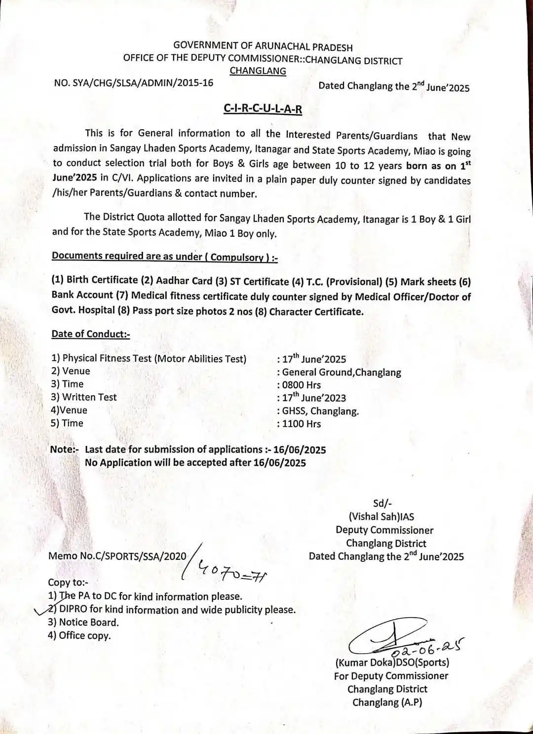 Image from Deputy Commissioner, Changlang: Good morning viewers pls avail this opportunity to apply for admission...
