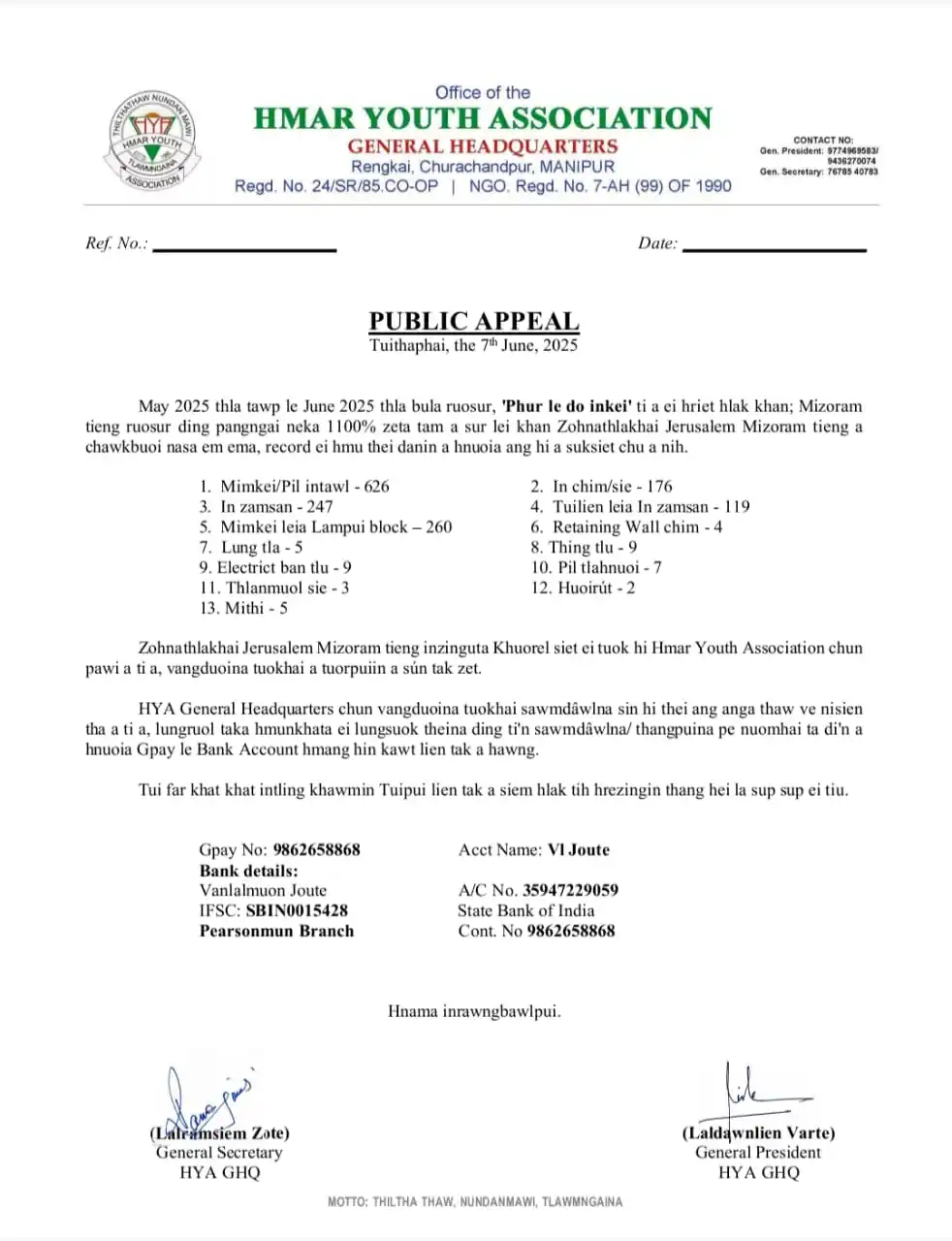 Image from TUIṬHAPHAI Chanchinthar: *HYA FOR MIZORAM* HYA-GHQ in Mizoram khuorel siet a tuok le inzawmin ...