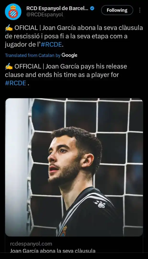 Image from BARÇA VILLA: 🚨🚨OFFICIAL: ESPANYOL Announce the Departure and the payment of Joan ...