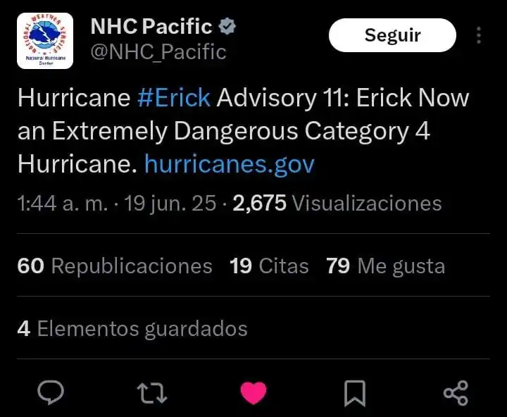Image from Alerta Caribe 🌪️🚨🌩️: *Oficialmente Erick es Un huracán Categoría 4 extremadamente peligroso...