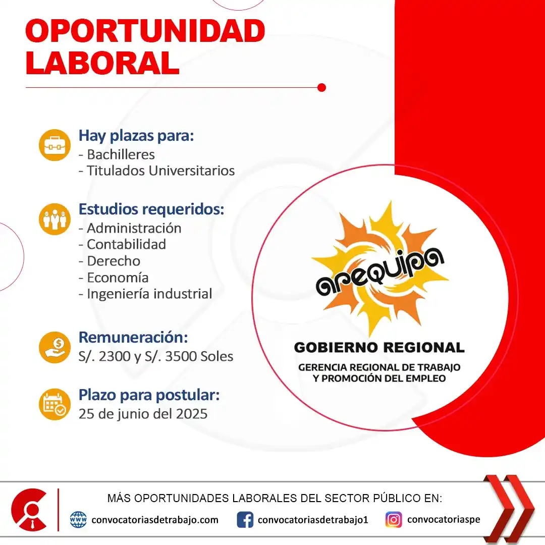 Image from Convocatorias de Trabajo 🇵🇪: 📢 Oportunidad laboral en: GERENCIA TRABAJO AREQUIPA - Arequipa 📋 Más...
