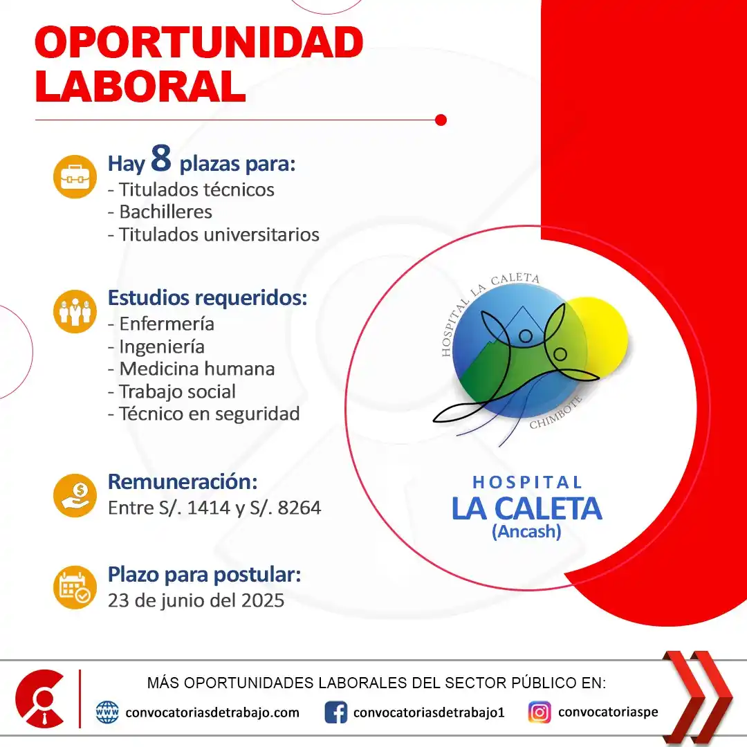 Image from Convocatorias de Trabajo 🇵🇪: 📢 Oportunidad laboral en: HOSPITAL LA CALETA - Ancash 📋 Más informac...