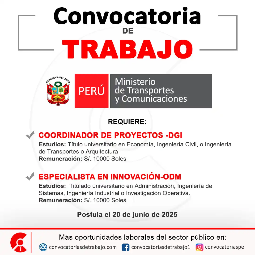 Image from Convocatorias de Trabajo 🇵🇪: 📢 Oportunidad laboral en: MINISTERIO DE TRANSPORTES (MTC) - Lima 📋 M...
