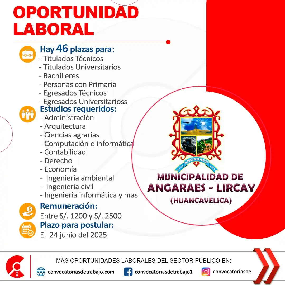 Image from Convocatorias de Trabajo 🇵🇪: 🚨 Oportunidad laboral en: MUNICIPALIDAD DE ANGARAES - LIRCAY - Huanca...