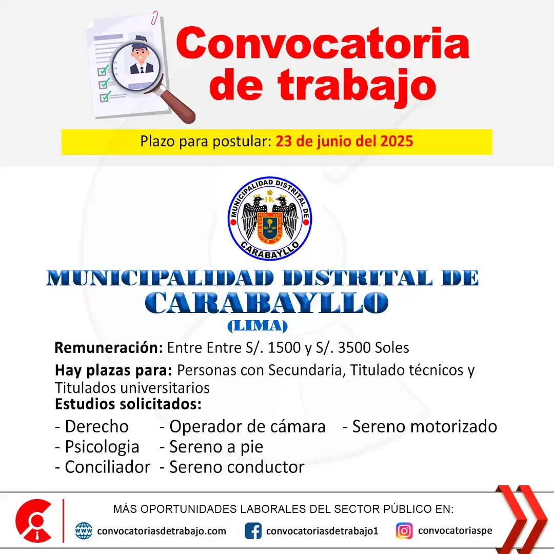 Image from Convocatorias de Trabajo 🇵🇪: 🚨 Oportunidad laboral en: MUNICIPALIDAD DE CARABAYLLO - Lima 🏢 ✅ Vac...