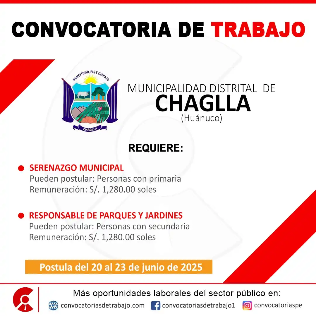 Image from Convocatorias de Trabajo 🇵🇪: 📢 Oportunidad laboral en: MUNICIPALIDAD DE CHAGLLA - Huánuco 📋 Más i...