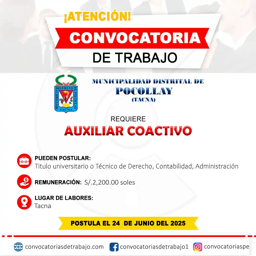 Image from Convocatorias de Trabajo 🇵🇪: 🚨 Oportunidad laboral en: MUNICIPALIDAD DE POCOLLAY - Tacna 🏢 ✅ Vaca...