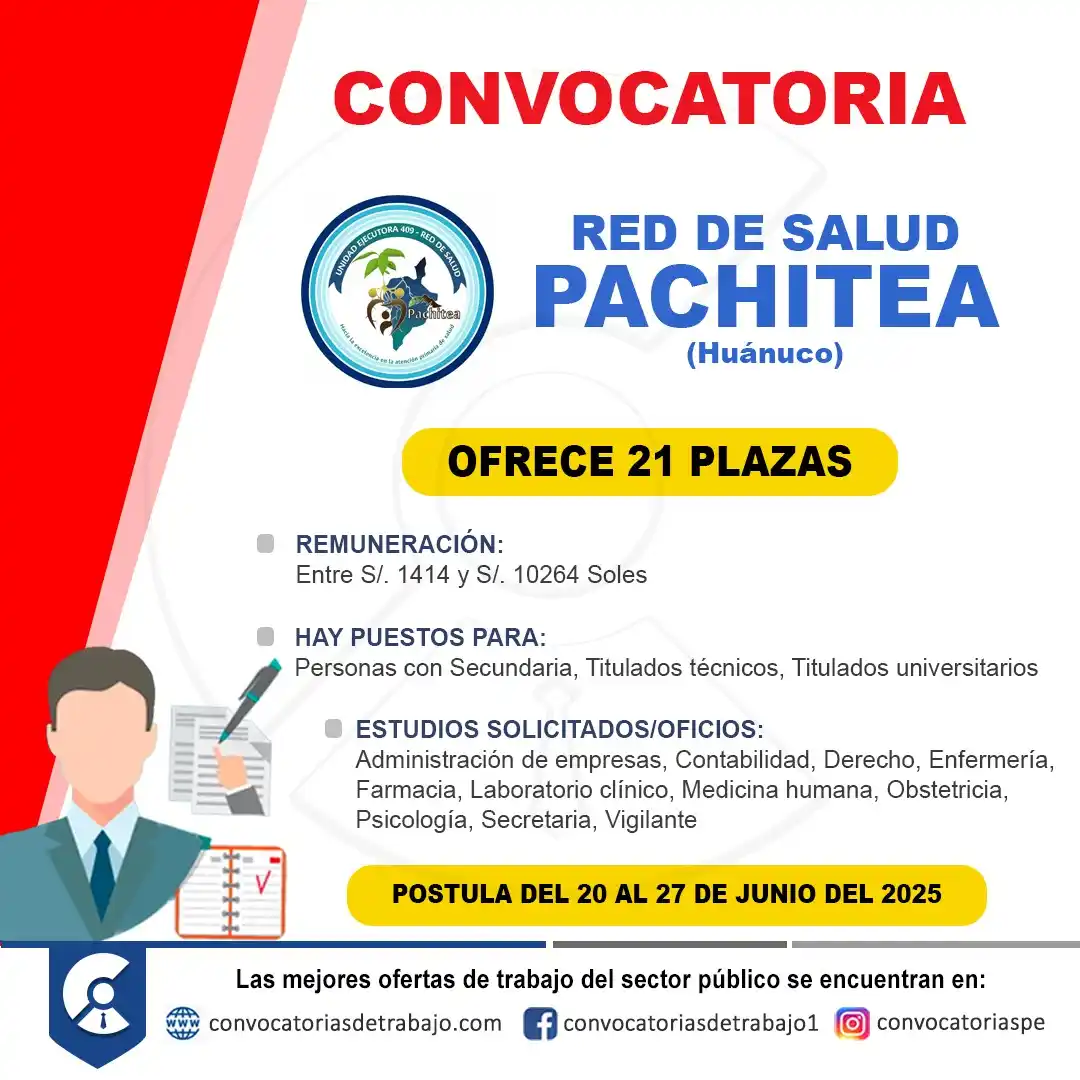 Image from Convocatorias de Trabajo 🇵🇪: 🚨 Oportunidad laboral en: RED DE SALUD PACHITEA - Huánuco 🏢 ✅ Vacant...