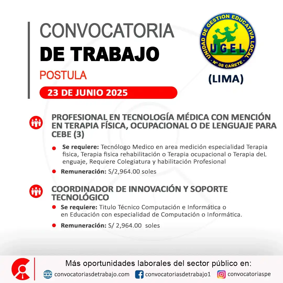 Image from Convocatorias de Trabajo 🇵🇪: 🚨 Oportunidad laboral en: UGEL 8 CAÑETE - Lima 🏢 ✅ Vacantes: 4  📝 M...