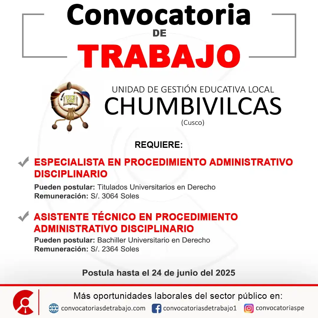 Image from Convocatorias de Trabajo 🇵🇪: 📢 Oportunidad laboral en: UGEL CHUMBIVILCAS (Cusco) 📋 Más informació...