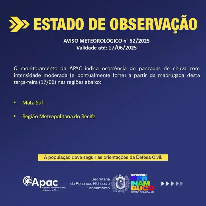 Image from Governo de Pernambuco: ⚠️ *PLANTÃO APAC* ⚠️ Validade: 17/06/2025   🟡 *ESTADO DE OBSERVAÇÃO* ...