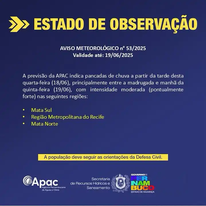 Image from Governo de Pernambuco: ⚠️ *PLANTÃO APAC* ⚠️ Validade: 19/06/2025 🟡 *ESTADO DE OBSERVAÇÃO* ...