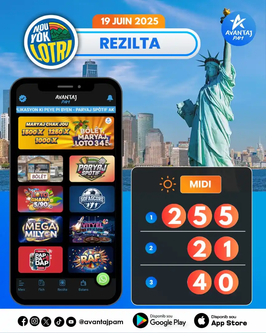 Image from Infos Partage: REZILTA LOTRI NEW YORK MIDI 19 JEN 2025 📲 Telechaje aplikasyon Avanta...