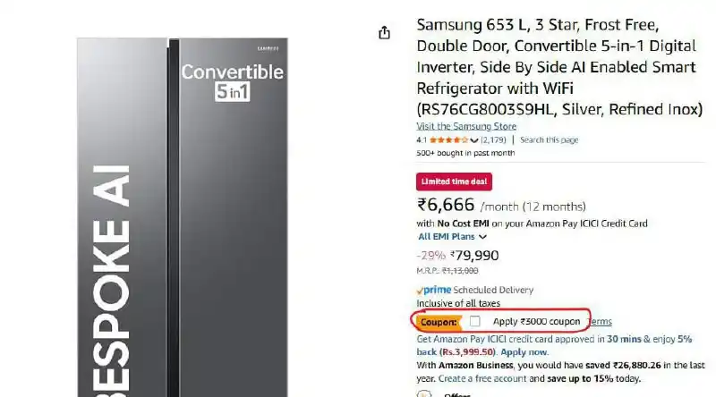 Image from Big Loot Deals Online: Samsung 653L 3 Star AI Smart Refrigerator (WiFi, Side by Side) @ 57,49...
