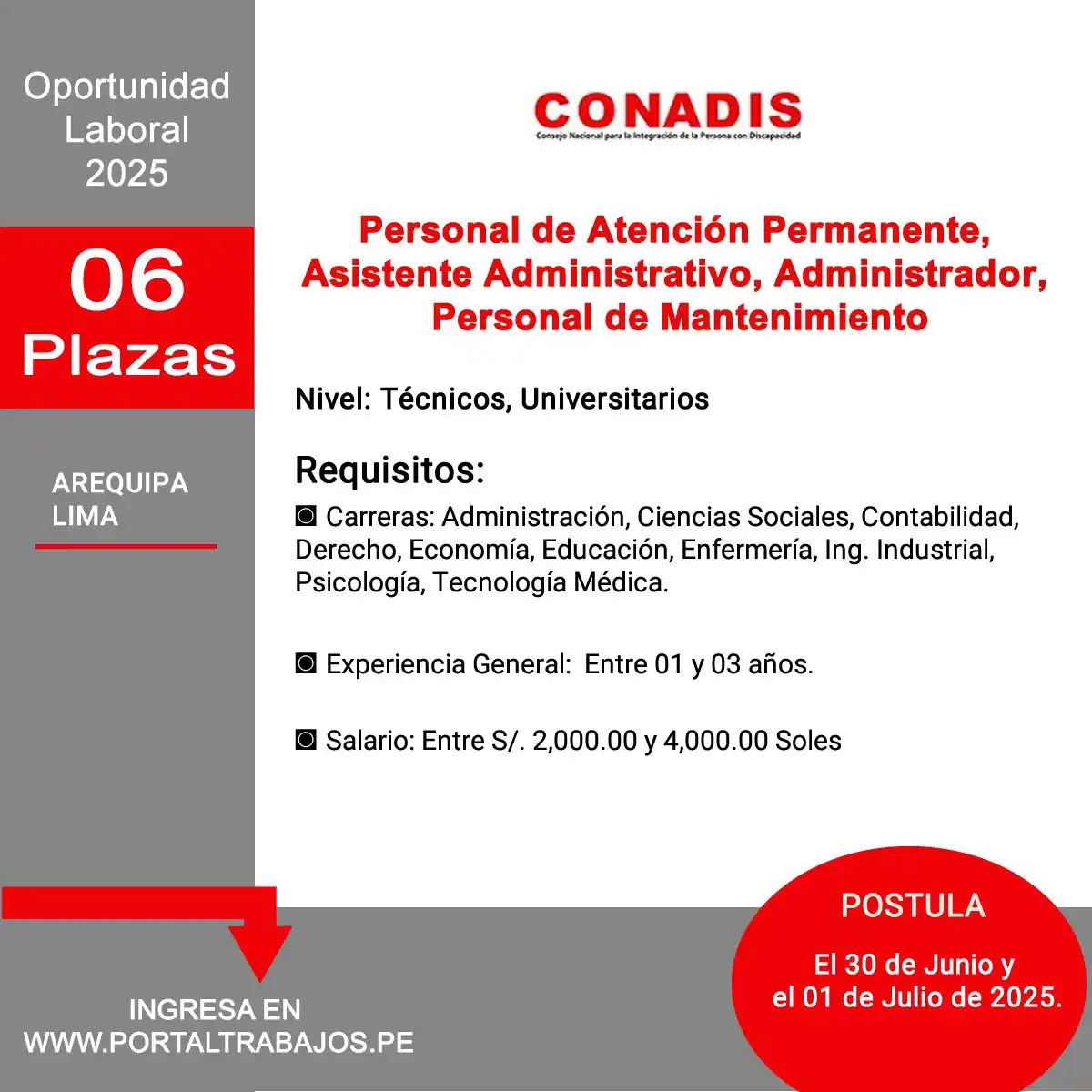Image from Portaltrabajo: 🏢 CONADIS: Requiere (06) Personal de Atención Permanente, Asistente A...