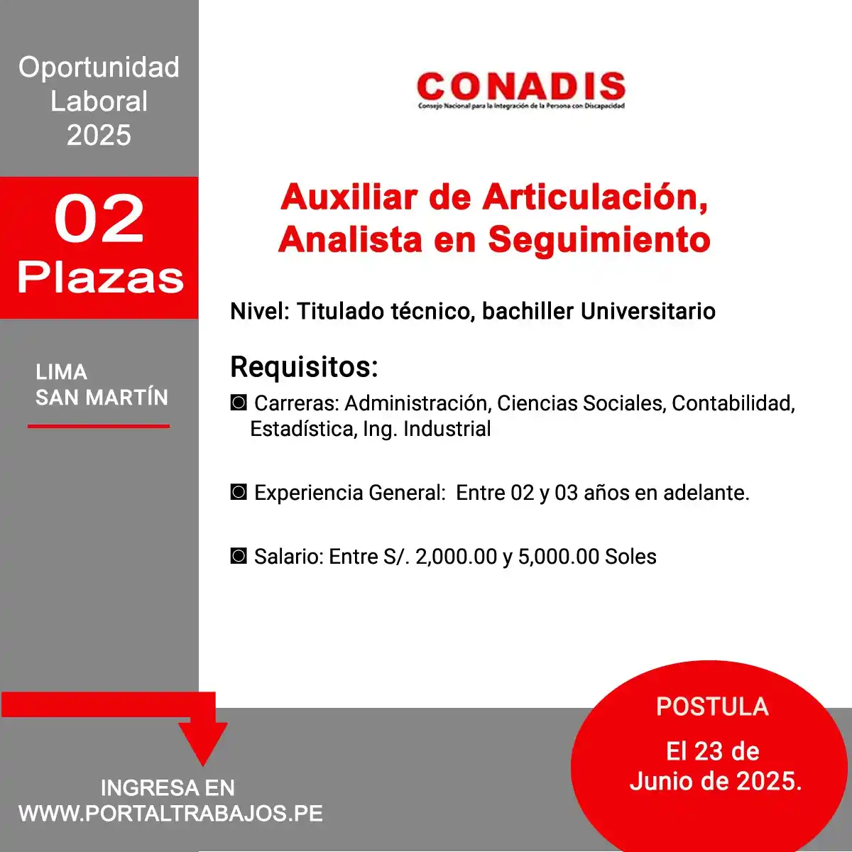 Image from Portaltrabajo: 🏢 CONADIS: Requiere Auxiliar de Articulación, Analista en Seguimiento...