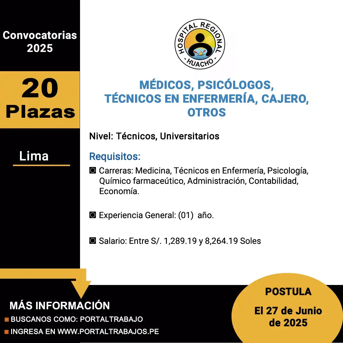 Image from Portaltrabajo: 🏢 Hospital Huacho - Huaura - Oyon - Convocatoria 2025: Requiere (20) ...