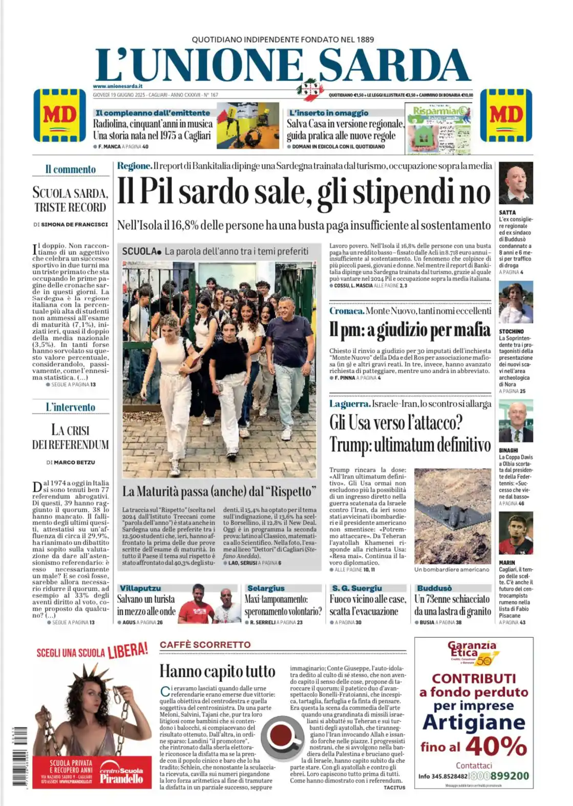 Image from L'Unione Sarda: 📰 *La prima pagina de L'Unione Sarda di oggi* 📰 19 giugno   Nel gior...