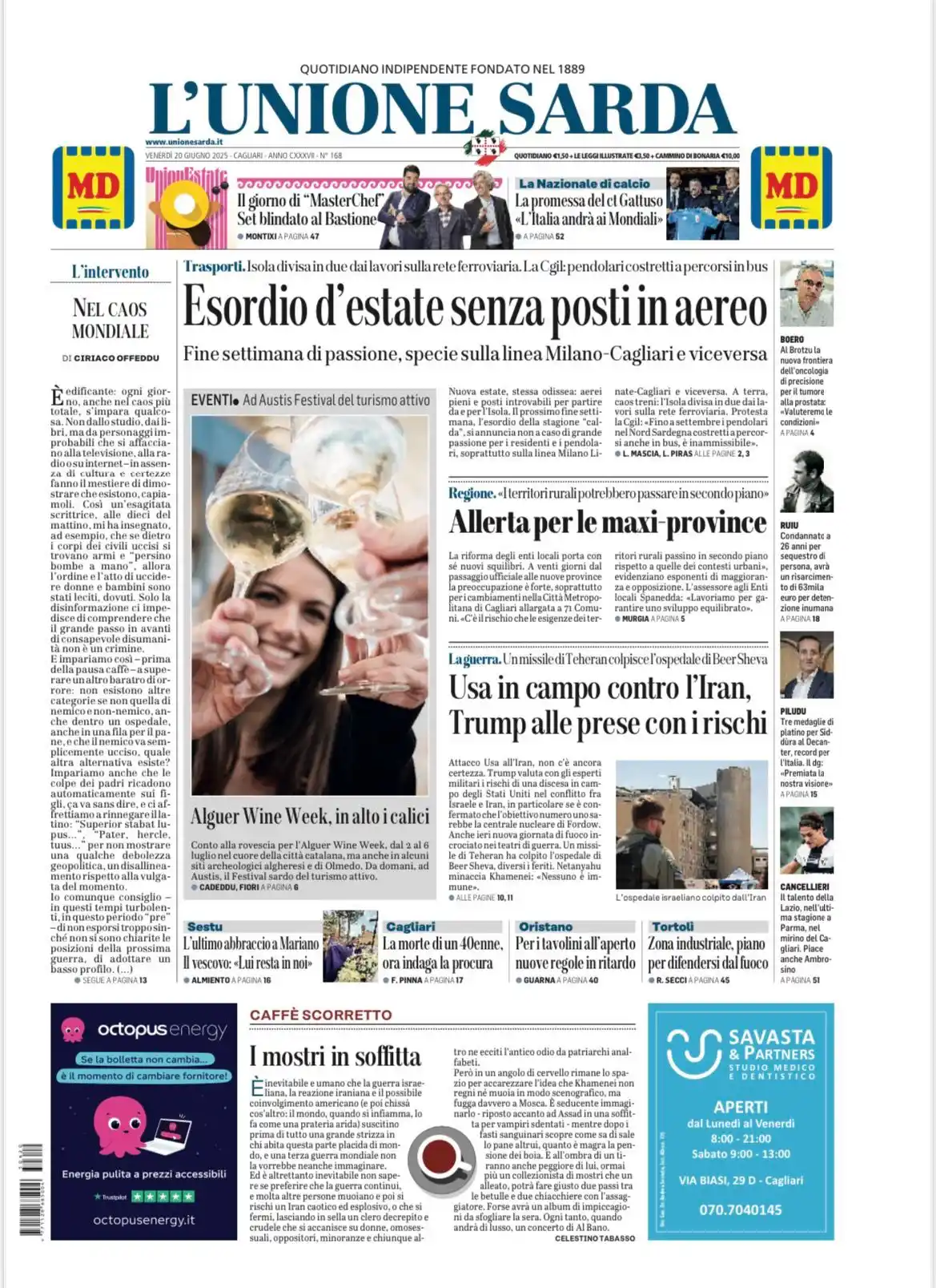 Image from L'Unione Sarda: 📰 *La prima pagina de L'Unione Sarda di oggi* 📰 20 giugno   Nel gior...