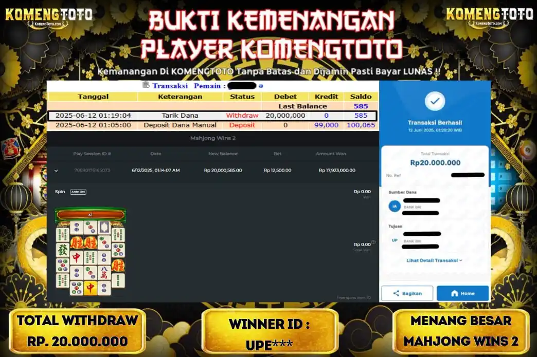 Image from KOMENGTOTO🇮🇩: LAGI & LAGI!! KEMENANGAN BESAR DI SLOT MAHJONG WINS 2 SEBESAR Rp.20.00...