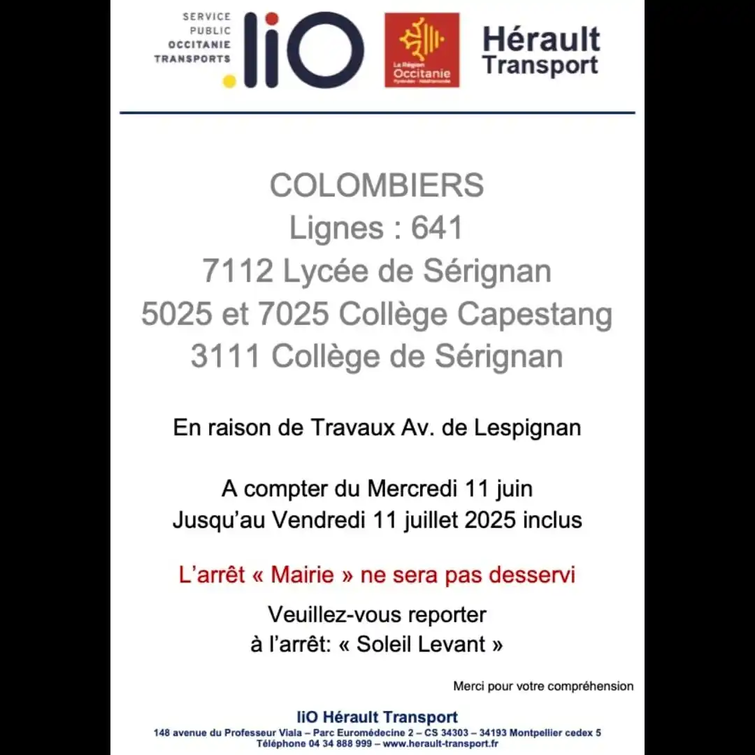 Image from Ville de Colombiers: LiO Hérault Transport 🚍 En raison de travaux sur l'avenue de Lespign...