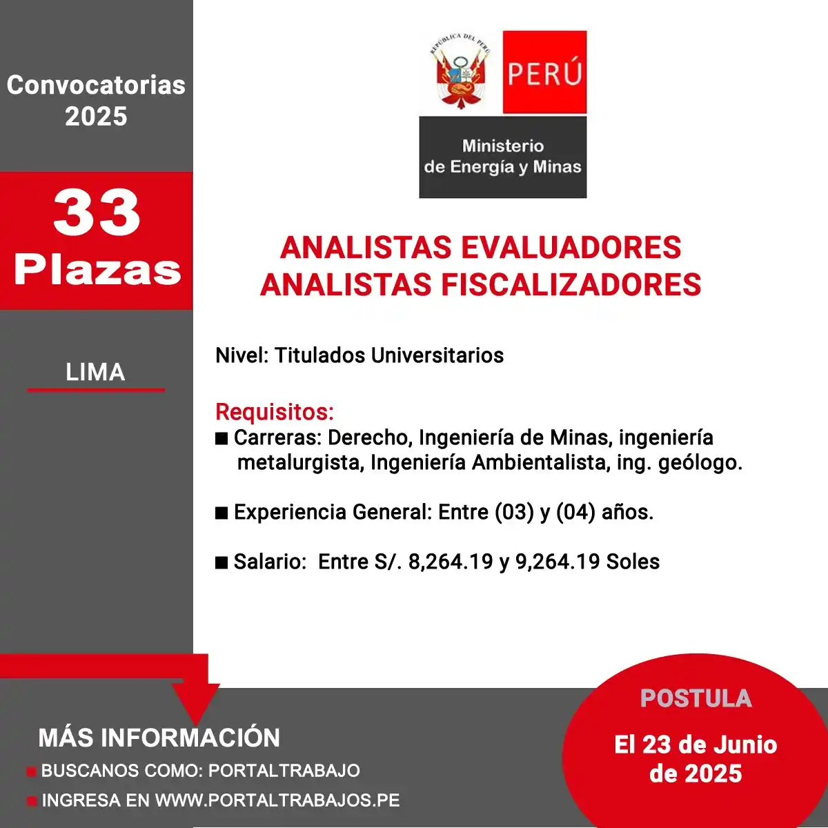 Image from Portaltrabajo: 🏢 MINEM: Requiere (33) Analistas Evaluadores y de Fiscalización 🔴 M...