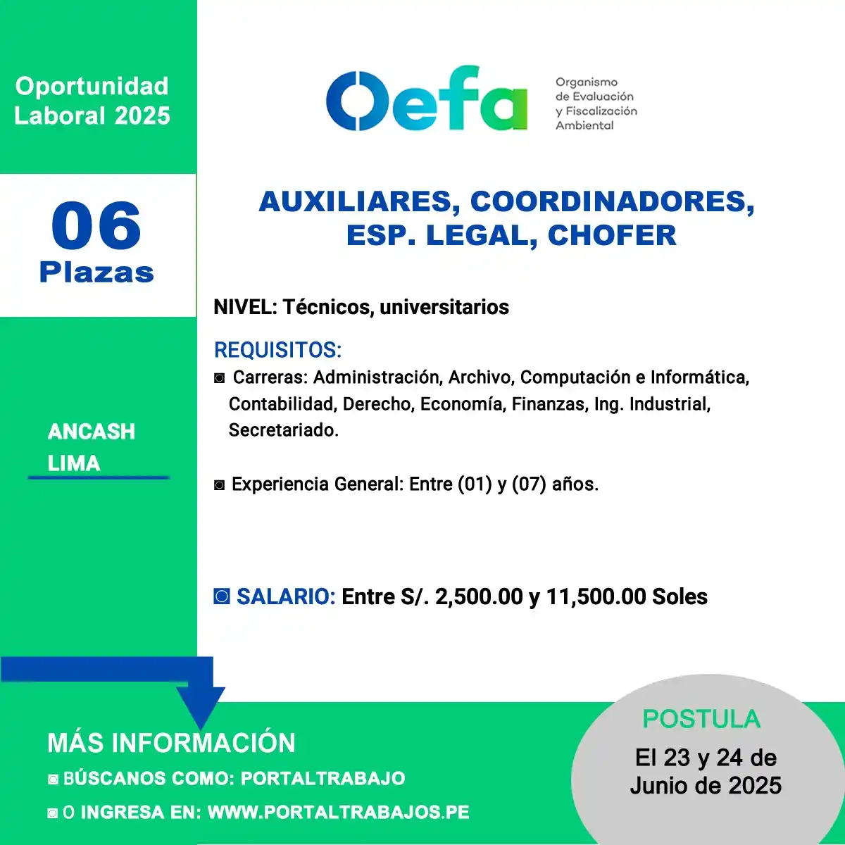 Image from Portaltrabajo: 🏢 OEFA: (06) Auxiliares, Coordinadores, Esp. Legal, Chofer 🔴 MÁS INF...