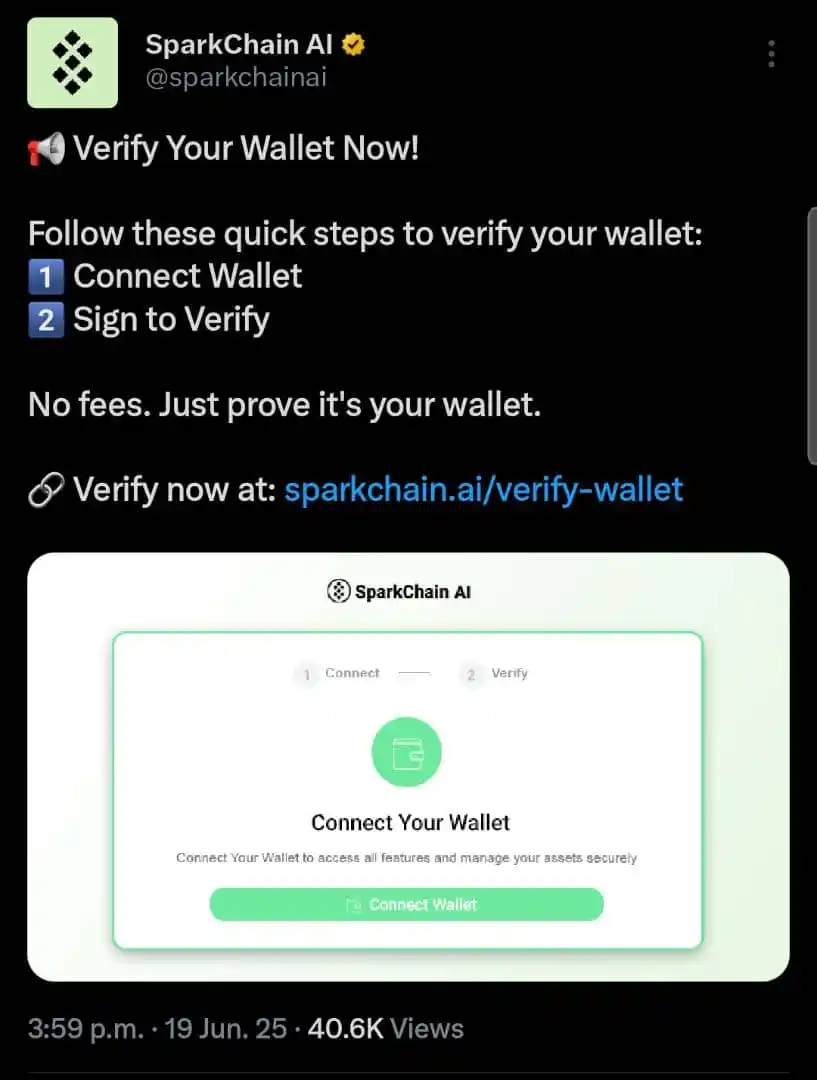 Image from CryptoFort Community: SparkChain Linking of Wallet & Verification Now Active . No fees. Just...