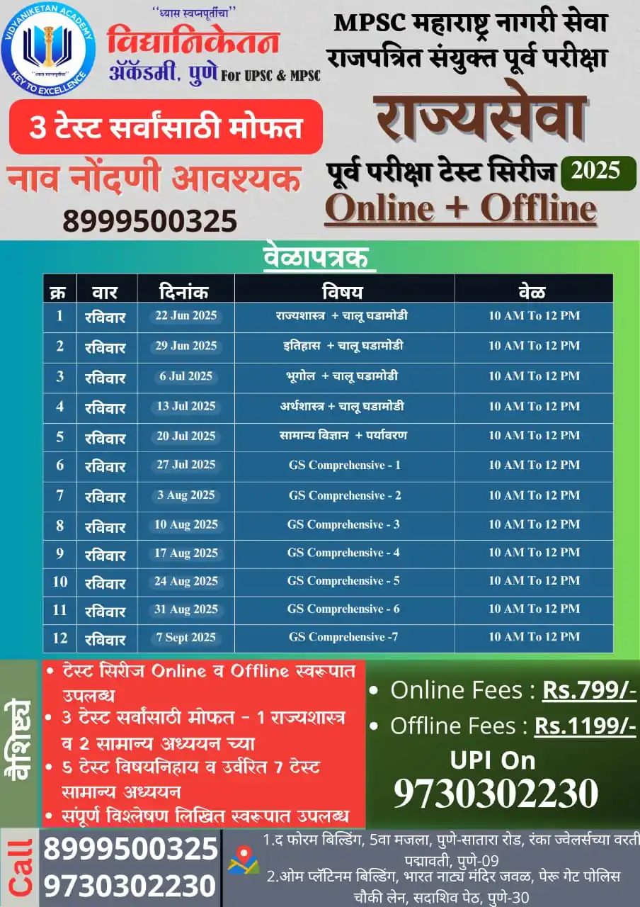 Image from स्पर्धा परीक्षा तयारी | 𝐌𝐏𝐒𝐂 UPSC | Police | Banking | SSC | Railway | IMP Gk | Chalu Ghadamodi: 🔥 *विद्यानिकेतन अॅकॅडमी घेऊन येत आहे*,🔥🥳 ✅ *राज्यसेवा पुर्व परीक्ष...