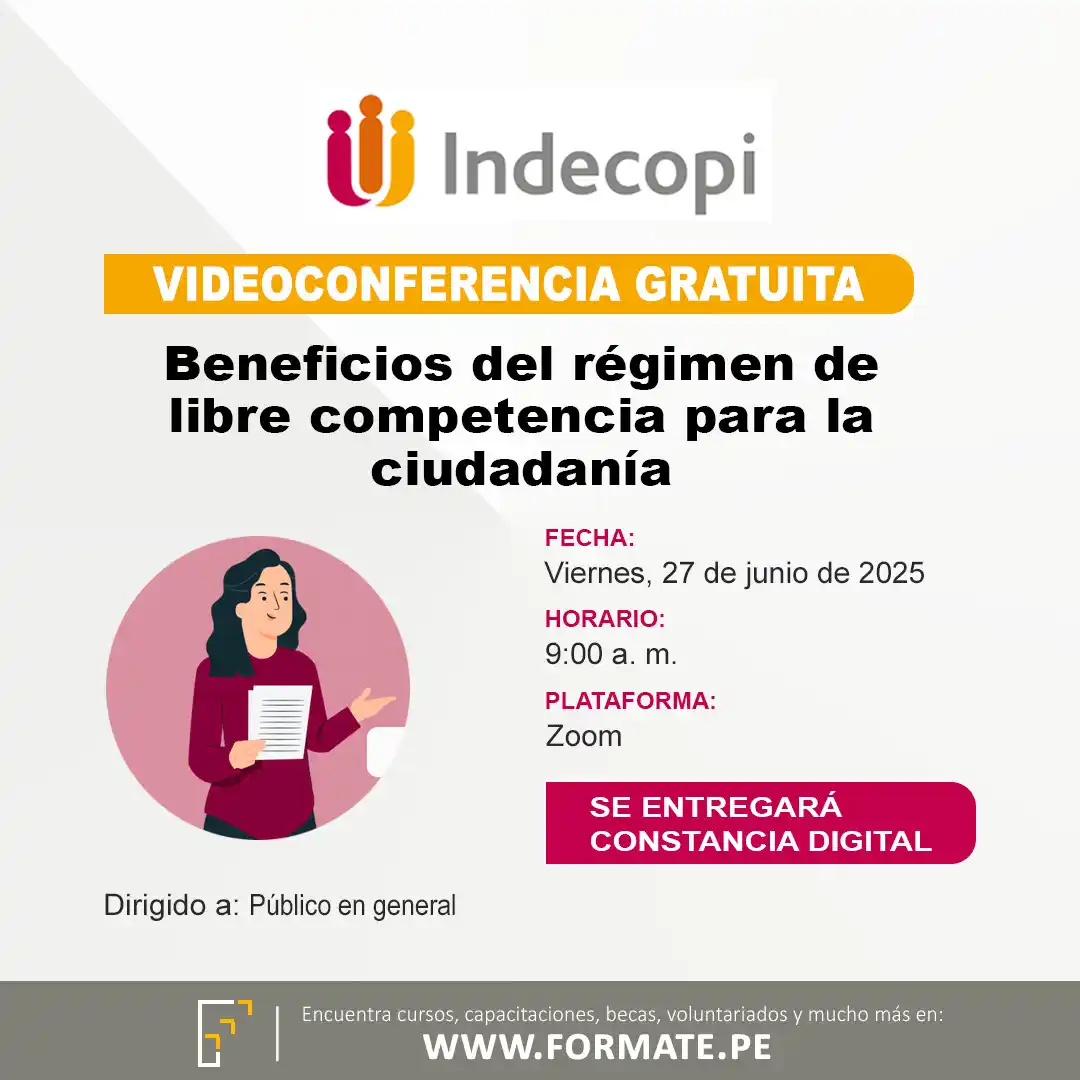 Image from Convocatorias Derecho: Empleos - Prácticas - Capacitaciones: 📢 ¡Videoconferencia virtual gratuita! Organizada por INDECOPI 📌 Tema...
