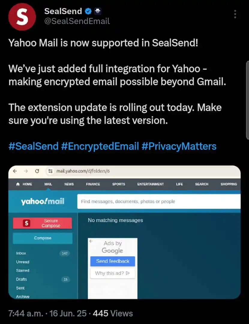 Image from CryptoFort Community: Yahoo Mail Is Now Supported In SealSend ✅...