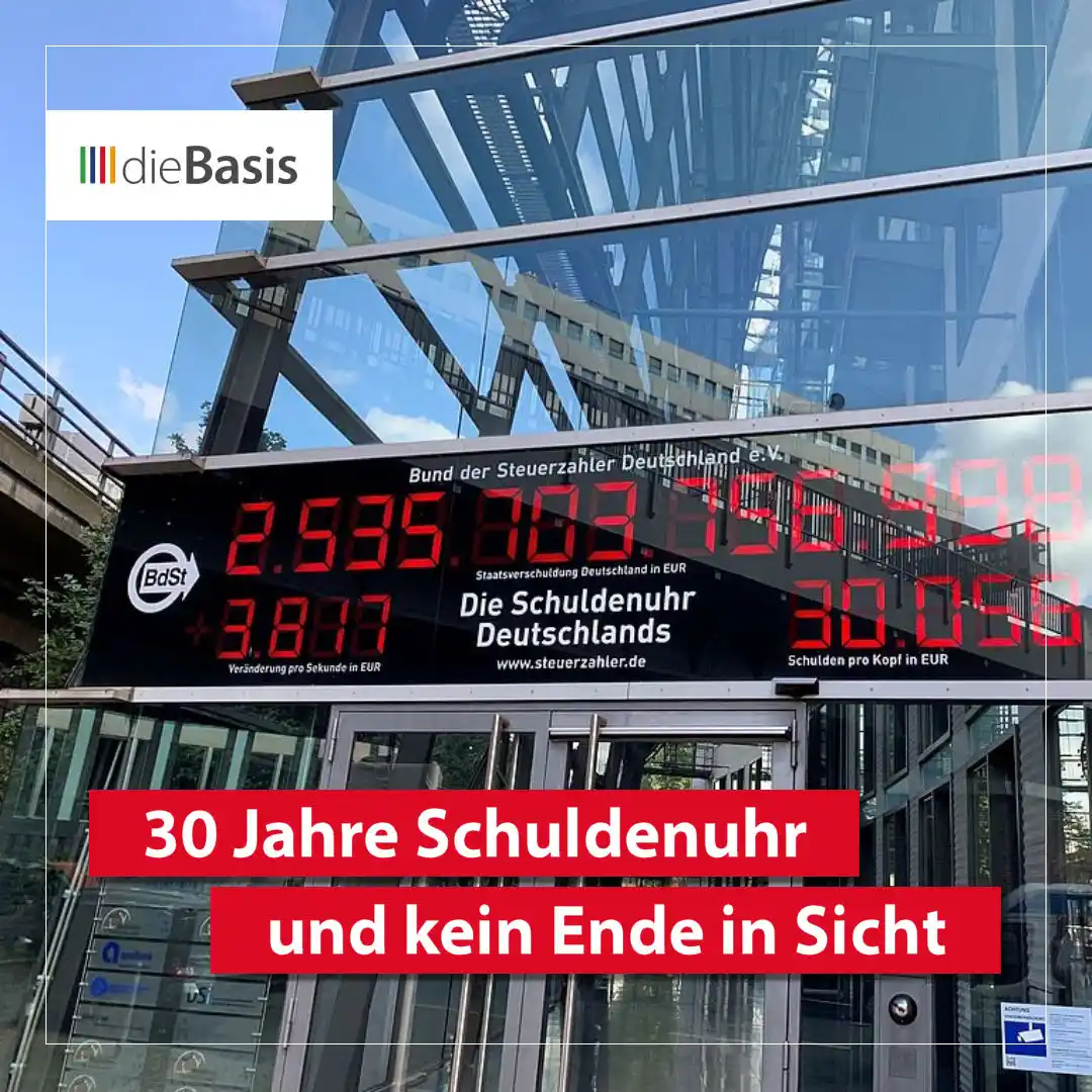 Image from dieBasis NRW: ⏰ *30 Jahre Schuldenuhr und kein Ende in Sicht* 💸  📈 *Seit 1995 zähl...