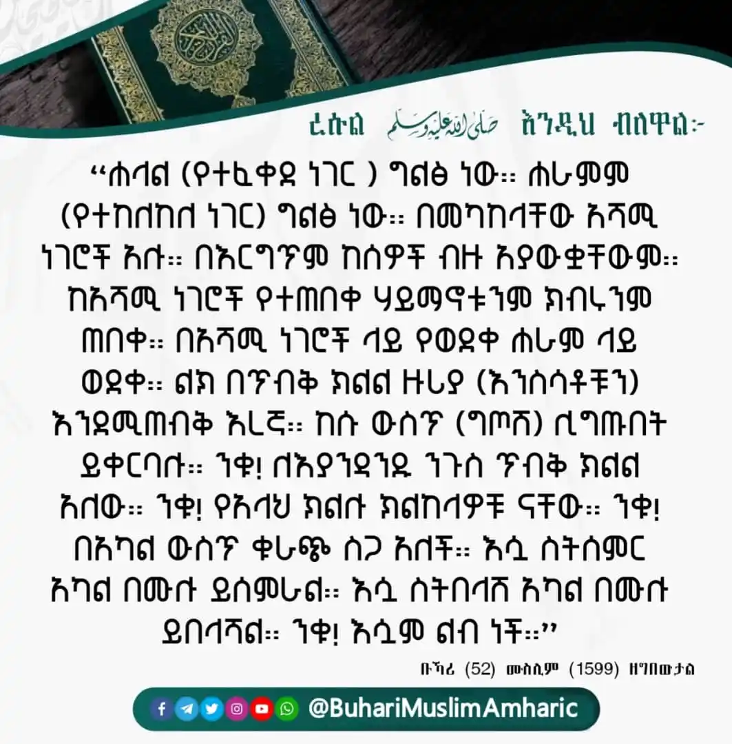 Image from የቡኻሪና ሙስሊም ሐዲሶች በአማርኛ: ከአሻሚ ነገሮች ራስን ማራቅ! ረሱል (ﷺ) እንዲህ ብለዋል፦ ﴿ الحَلالُ بَيِّنٌ، والحَرام...