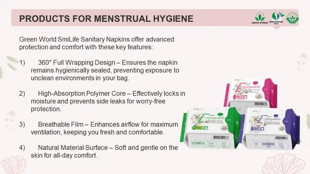 Image from Green World Online Store : PRODUCTS FOR MENSTRUAL HYGIENE *Green World SmiLife Sanitary Napkins...